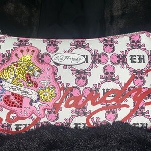 Ed Hardy Pink and White Skull Pattern Clutch